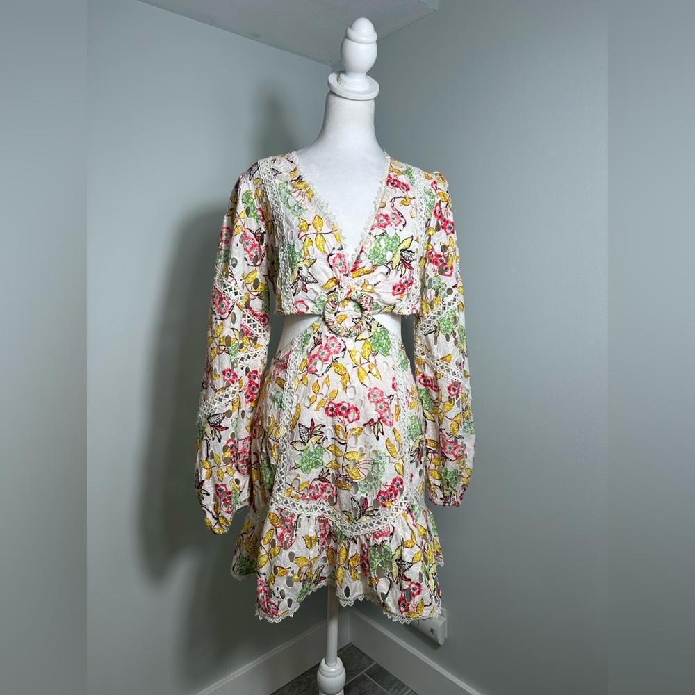 Hemant & Nandita Mini Eyelet Crochet Cutout Floral Printed Dress Size Medium - Picture 3 of 13